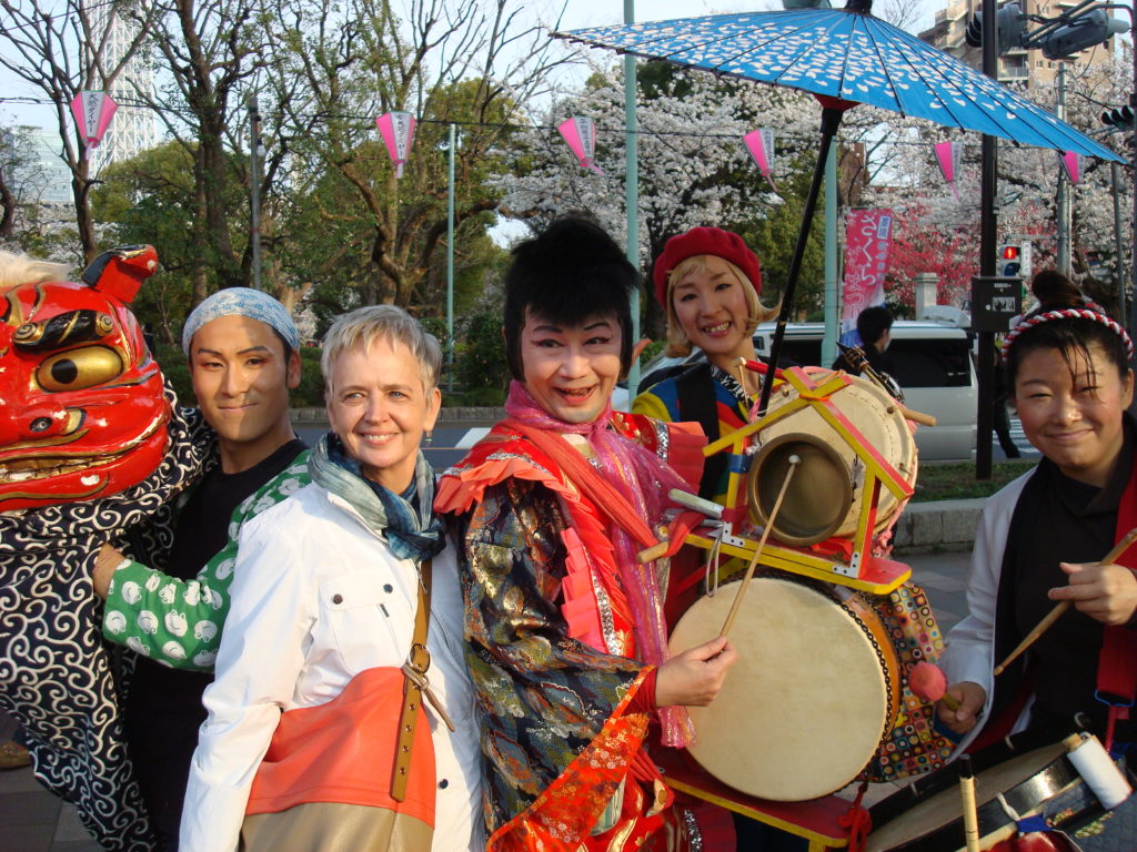 Diana Parsell with costumed merrymakers at Mukojima